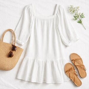 LOFT White Cotton Gauze Peasant Mini Dress Square Neck Boho Size Small